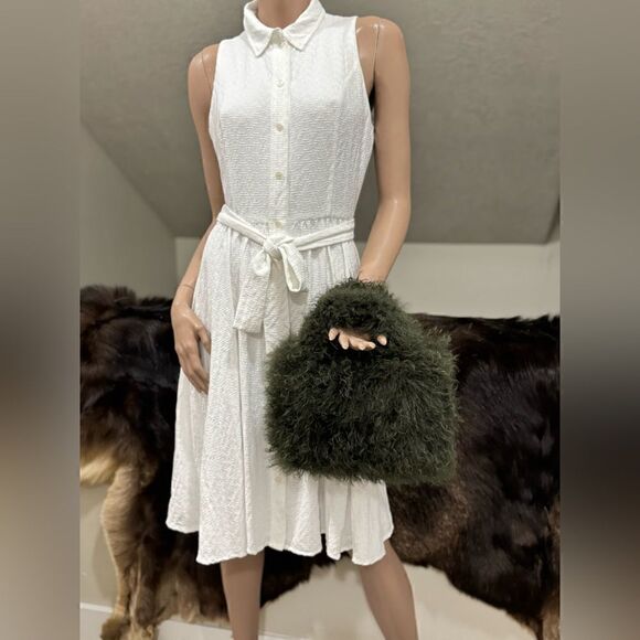 Olive Green Handmade Genuine Curly Shearling Top Handles Bag/Crossbody - Picture 4 of 16